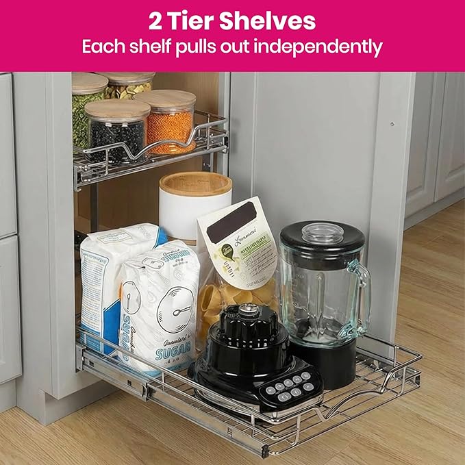 2-Tier Pull-Out Cabinet Organizer with Heavy-Duty Steel Frame, Full-Extension Sliding Shelves, Holds 100 lbs, Easy Install for Kitchen, Pantry & Under Sink Cabinets, 14" W x 21”D x 16.5" H
