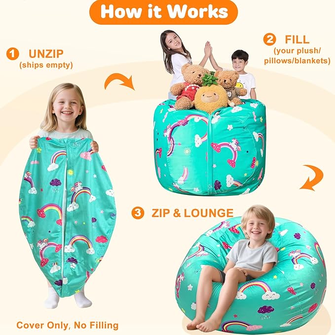 Lukeight Unicorns Stuffed Animals Storage Bean Bag Chair Cover Only (Ships Empty, No Filling) - Velvet YKK Zipper Beanbag Cover for Toddlers and Kids, Washable Plush Toy Organizer, Large 27" D x 16" H