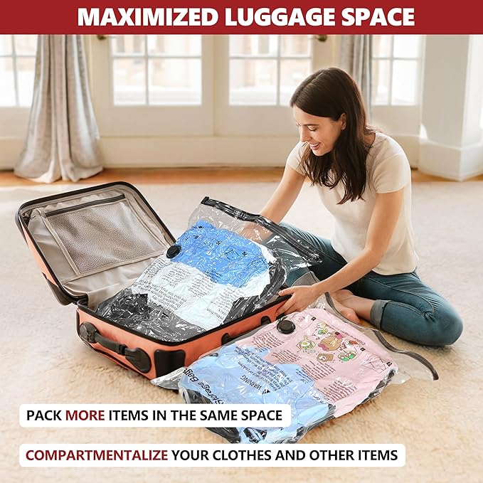 Vacuum Bags for Travel with Rechargeable Pump, 8 Small Compression Packing Seal Bags for Luggage Suitcase, Space Saver for Clothing and Clothes Storage Travel