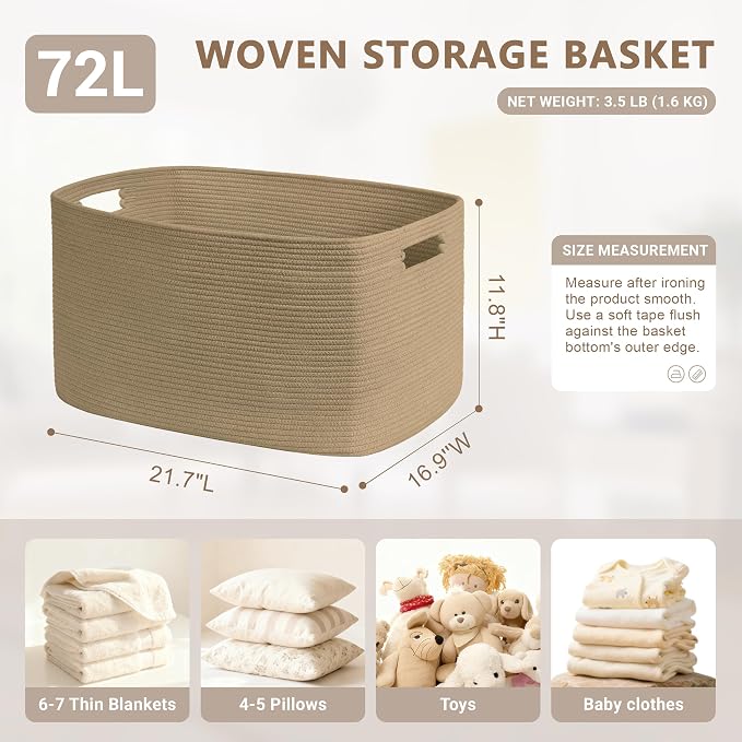 72L Large Woven Laundry Basket Hamper with Handles, Jute | 22"x17"x12", collapsible wicker hamper, storage for dirty clothes, toys, blankets, gifts, living room, bedroom, bathroom