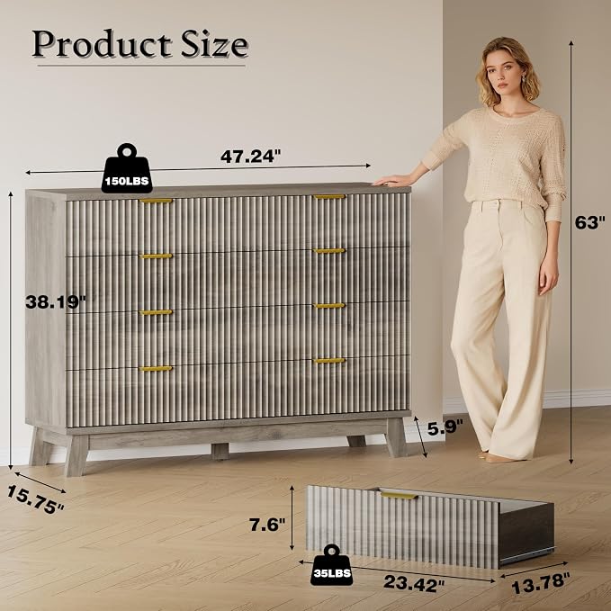BORNOON Fluted 8 Drawer Tall Dresser, 47.2" Wide Modern Boho Chest of Drawers, Wooden Storage Dresser TV Stand for Bedroom, Living Room, Closet, Hallway, Curved Profile Design