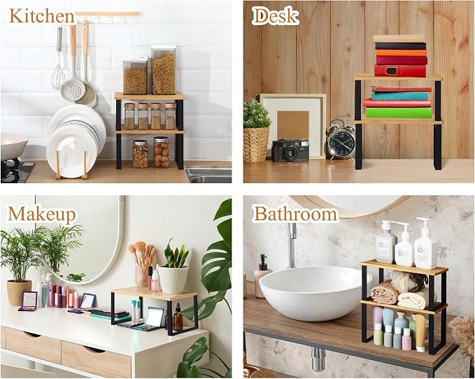 Marsui 4 Pcs Kitchen Organizer Accessories Set for Cabinet,Light Color | Cabinet Organizer Shelves, Bamboo Dish Drying Plate Rack, Wooden Counter Storage Holder, for Spice Dish Pot Lid Bowl Cup