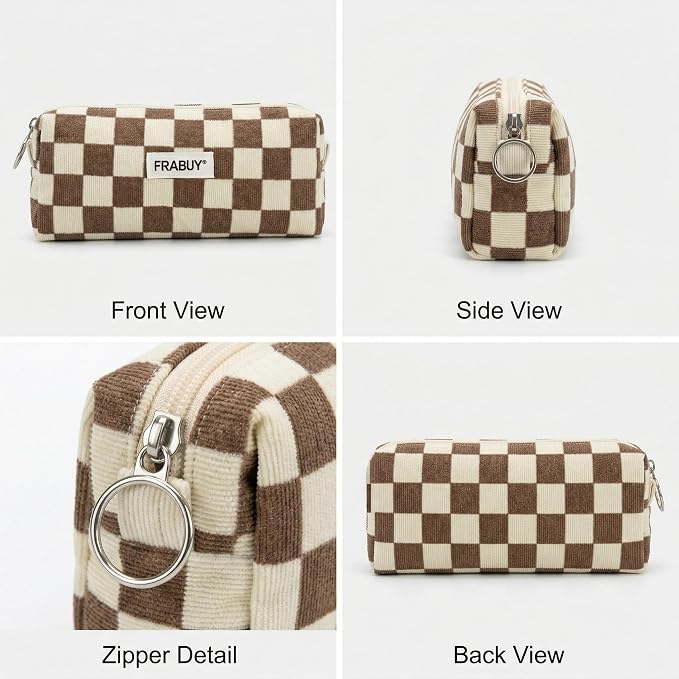 Soft Corduroy Pencil Case Pen Pouch Organizer, Small Stationery Bag | Cute brown checkerboard pouch, smooth zipper, daily cosmetics holder, compact organizer for school teen girls, women