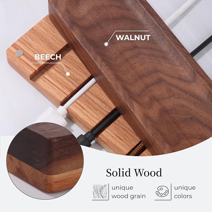 Magnetic Cord Holder with 6 Slots - Walnut & Beech Wood Cable Organizer for Lightning, USB, USB-C, Stick-on Design for Desk, Under Desk, Nightstand