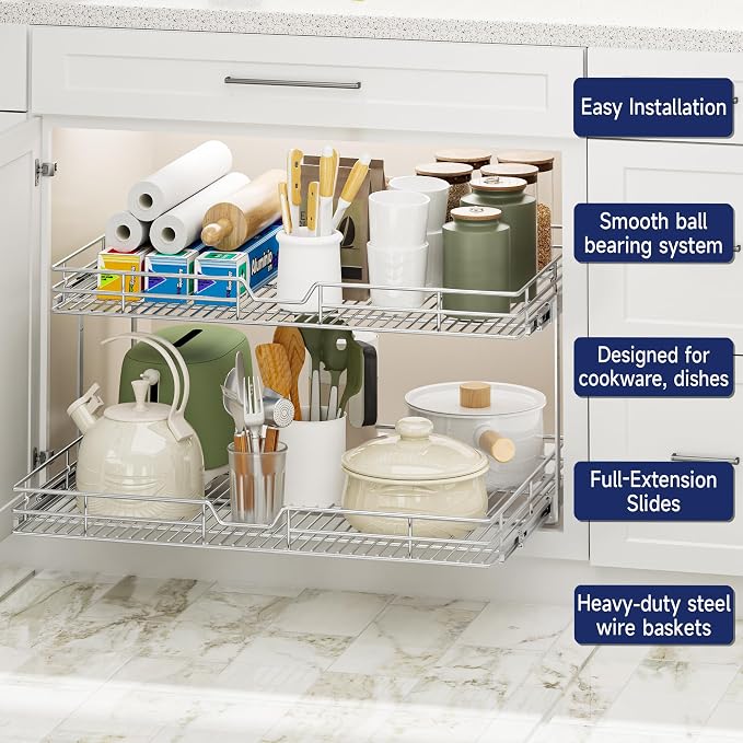2-Tier Pull Out Cabinet Organizer, 30" W x 21.5" D, Heavy Duty Dual Slide Out Shelves for Wide Base Cabinets, Chrome Wire Basket Drawer for Pots, Pans, Pantry & Cleaning Supplies