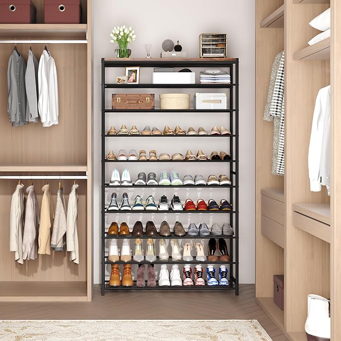 HOMEFORT 10 Tiers Shoe Rack Organizer,39.4" Shoe Storage Shelf for Closet, Shoe Rack for Entryway,Holds 45-50 Pairs of Shoe, Tall Shoe Stand with Metal Shelves and MDF Top Board,Rustic Brown