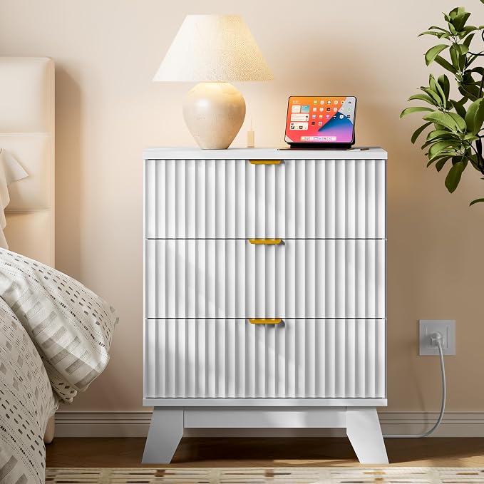 BORNOON 30.5" Nightstand with Charging Station, 3-Drawer Fluted Bedroom Chest, Wood Bedside Dresser with Power Outlets and USB Ports, Metal Slides, Stable Base, Modern Storage Cabinet for Small Spaces