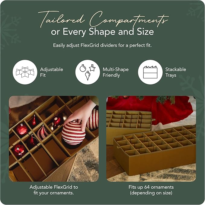 Covermates Keepsakes Adjustable Ornament Storage Bag – Heavy-Duty Polyester, Padded Dividers & FlexGrid Trays – Protective Holiday Ornament Organizer with Handles & Label Window, Red