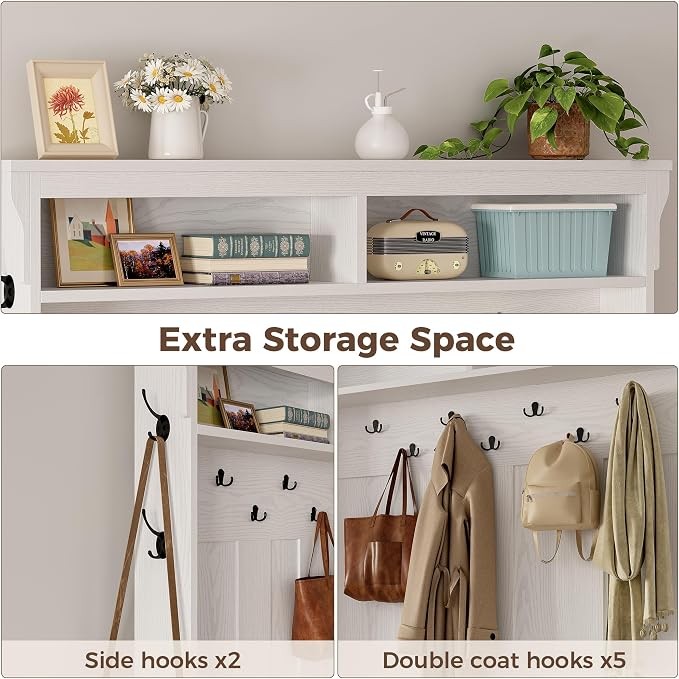 IRONCK 80" H 47" W Large Hall Tree with Bench and Shoe Storage, 6-in-1 Entryway Bench with Coat Rack, Adjustable Shelf, Hanging Hooks, 11 Shoe Cubby, 2 Tier Top Storage for Entryway and Bedroom, White