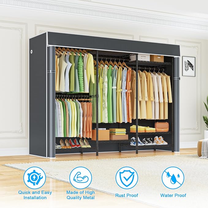 Ulif E13C Heavy Duty Closet Organizer System，Freestanding Clothing Racks for Hanging Clothes，Adjustable Garment Rack 63" W x 16" D x 77" H Hold 960 lbs，Black Clothing Rack with Grey Dustproof Cover