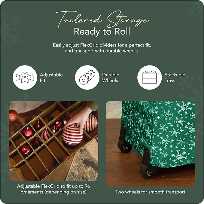 Covermates Keepsakes Rolling Adjustable Ornament Storage Bag – Heavy-Duty Polyester, FlexGrid Trays & Padded Dividers – Protective Holiday Organizer with Wheels, Handles & ID Window, Green Snowflake