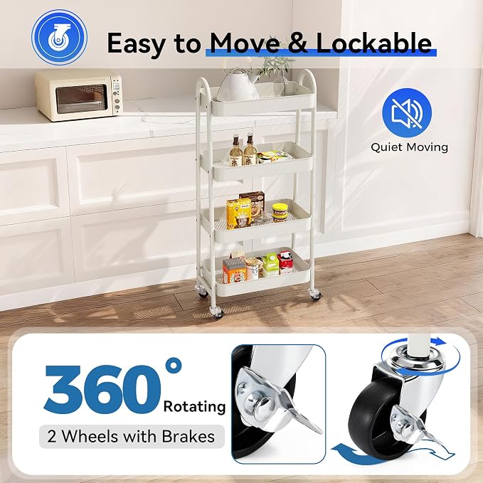 NEWBULIG 4-Tier Metal Rolling Storage Cart, Heavy Duty Mobile Utility Organizer Shelf with Lockable Wheels, Multifunctional Trolley for Daily Supplies, Home Indoor Daily Use, White