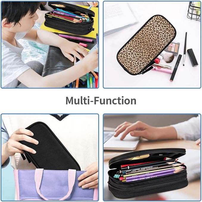 Perinsto Leopard Print Pencil Case Big Capacity Multi Compartment Stationery Box Cheetah Pencil Pouch Holder Desk Organizer For School Office Home