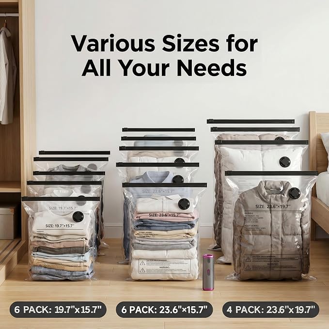 Vacuum Storage Bags with Rechargeable Electric Pump, 16 Pack Vacuum Seal Bags for Clothing Travel, 3 Sizes Compression Packing Bags 80% Space Saver for Clothes, Bedding & Seasonal Storage