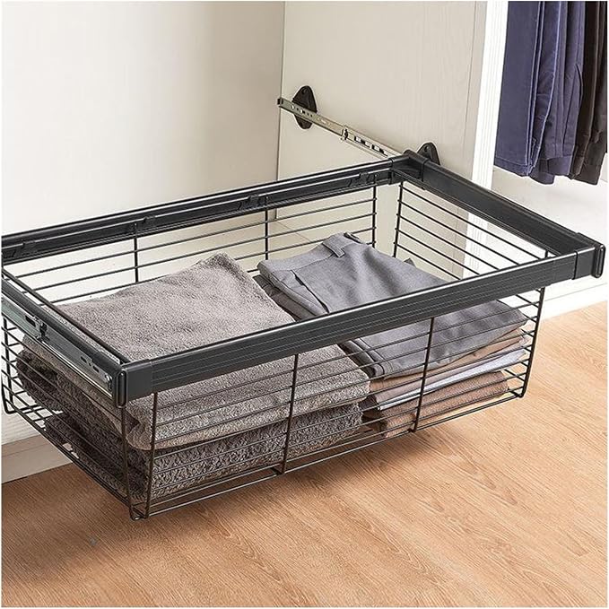 Pull Out Storage Basket with Runners,Metal Under Shelf Storage Basket,Stackable Storage Bins,Adjustable Width 370-970mm,40kg Weight Capacity(Black,Width420-470mm)