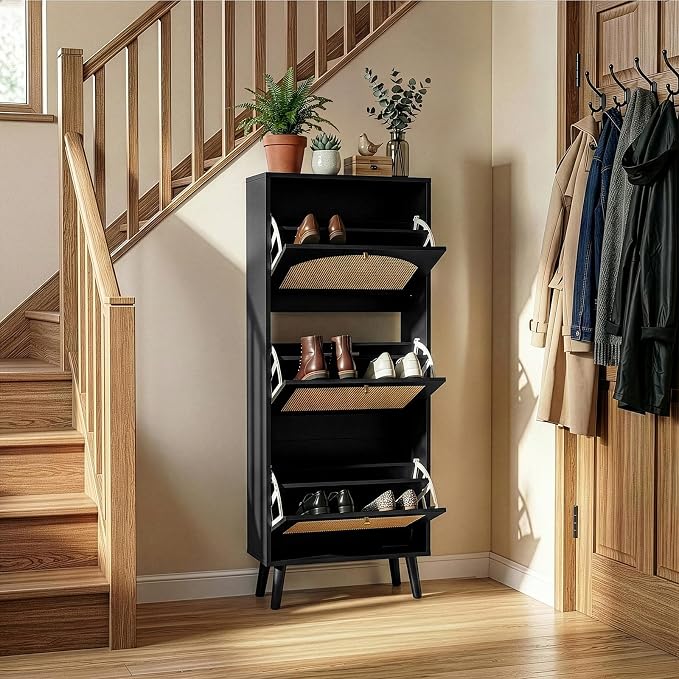 Karl home Black Rattan Shoe Cabinet, 3-Tilt-Out Entryway Storage Organizer | Hidden Shoe Rack with 3 Tilt-Out Compartments for Heels, Slippers and Casual Shoes, Space Saving Entryway Furniture
