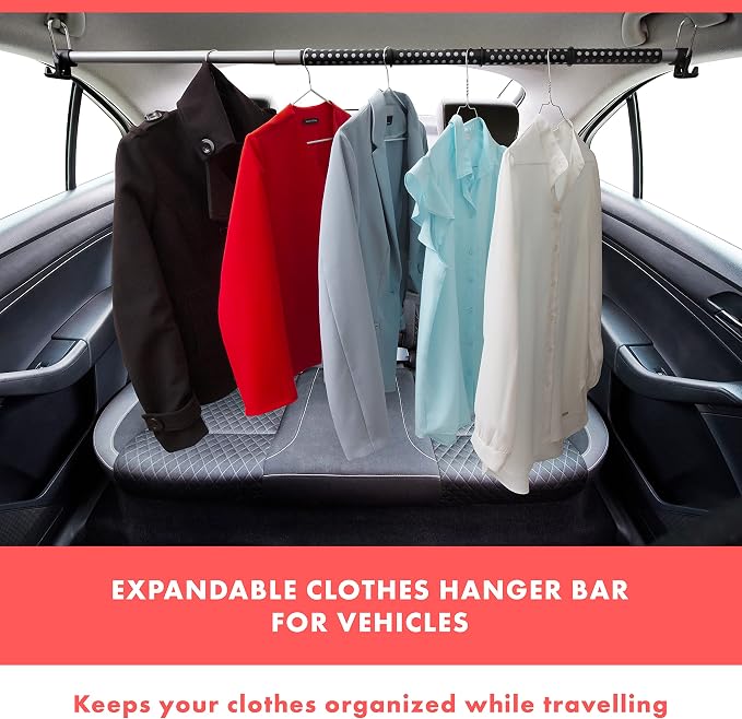 VaygWay Expandable Car Clothes Hanger Bar- Heavy Duty Hanger Metal Storage Suit Rod-Car Hanging Closet Organizer Rack Expandable to 62"- Portable Seat Rack Universal Fit- Car Van Truck RV SUV Fit
