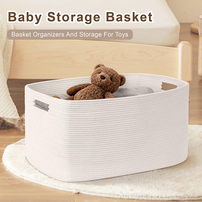 86L Large Woven Laundry Basket Hamper with Handles, White | 24"x16"x14", collapsible wicker hamper, storage for dirty clothes, toys, blankets, gifts, living room, bedroom, bathroom