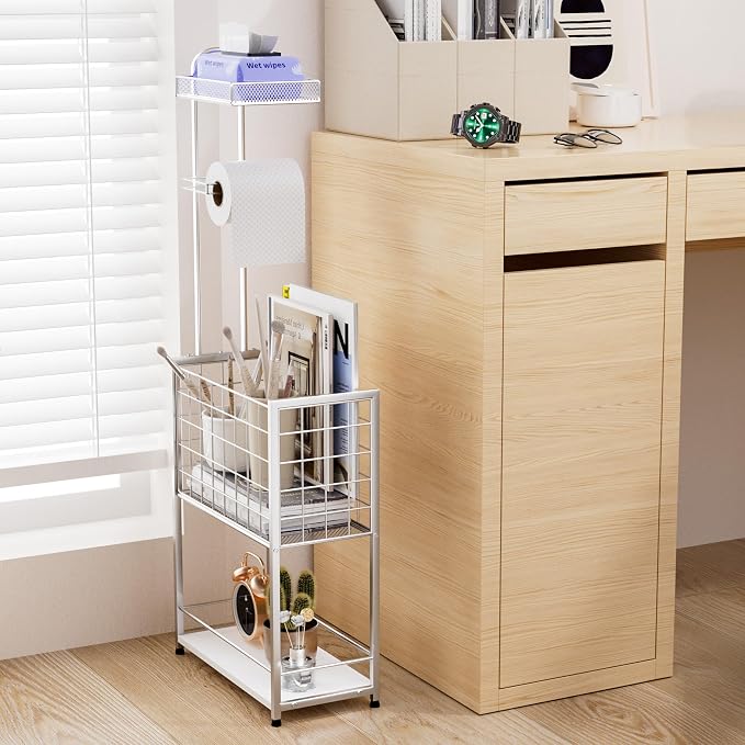 SWTYMIKI Freestanding Toilet Paper Holder - 4-Tier Free Standing Toilet Paper Holder Stand with Large Basket, Stand Mega Roll Storage Rack for Extra Rolls, Magazines, Wet Wipes, Silver