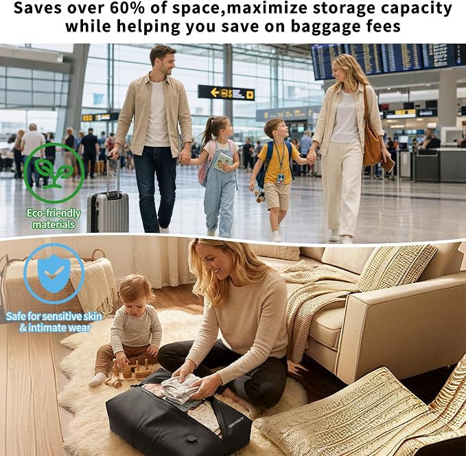 Upgraded Vacuum Bag for Travel, Professional IPX8 Waterproof Reusable Vacuum Compression Bags for Travel Suitcases, Durable Space Saver Bag