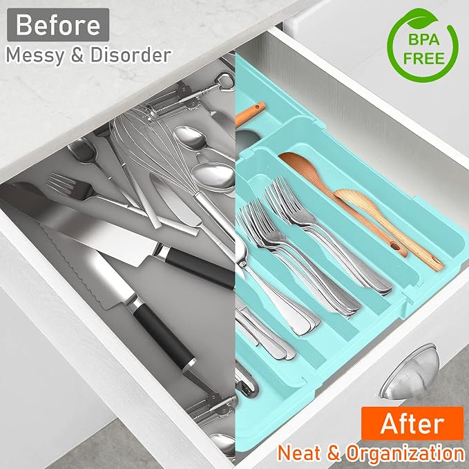 Spaclear Silverware Organizer - Expandable Silverware Drawer Organizer Adjustable Drawer Organizer, Silverware Tray for Drawer15.2"x 19" Cutlery Drawer Organizer, Kitchen Organizers Storage, Turquoise