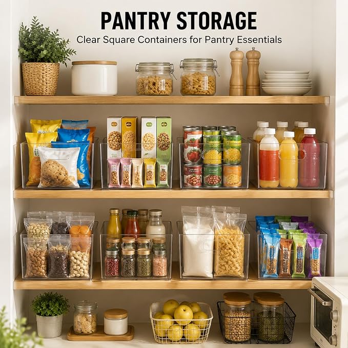 MOONEDGE 6-Pack 12x12x7 Extra Large Clear Plastic Storage Bins with Handles | Cube PET Organizer Square Boxes for Pantry,Closet,Kitchen,Bathroom,Laundry,Classroom,Playroom Organization