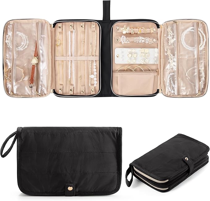 Marscamd Travel Jewelry Case Organizer, Foldable Jewelry Bag, Black | with Zipper Jewelry Bag for Earrings, Rings, Necklaces, Bracelets, Brooches