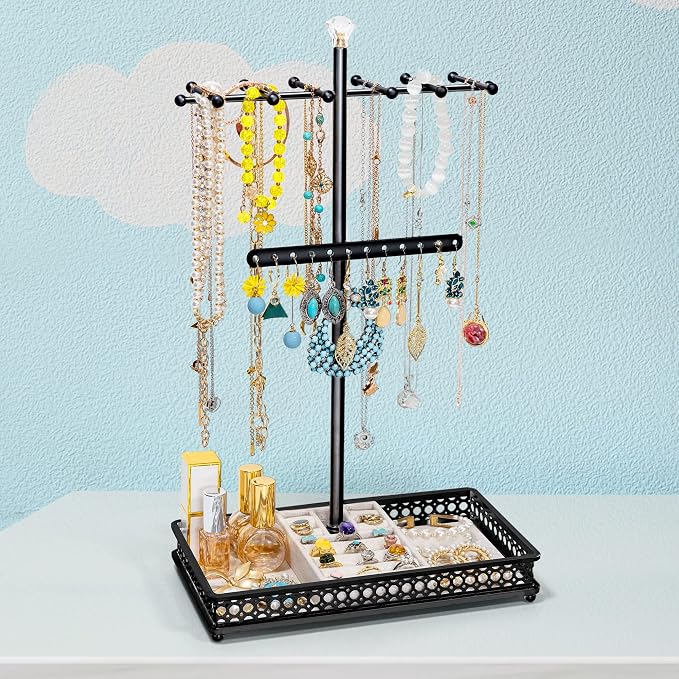 Meangood Jewelry Organizer Stand, 15.6" H Jewelry Tree Display Holder Stand for Bracelets Necklaces Earrings Rings, Gift for Women Girls (Black)