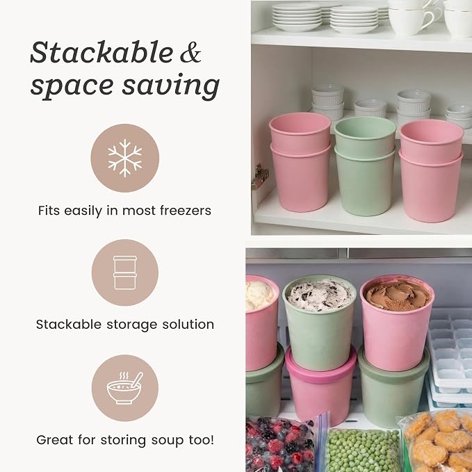 StarPack Freeze The Day Homemade Ice Cream Containers (2-Pack, 1 Quart) - Airtight Silicone Lids, BPA-Free Reusable Freezer Tubs with Dry Erase Pen and Labels - Stackable, Sage Green and Pink