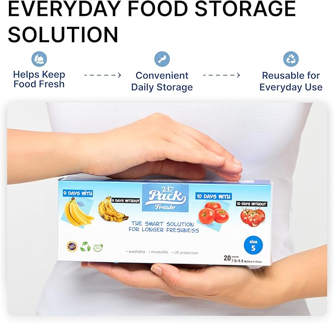 Freshpack 247 Produce Storage Bags Size M 10 x 12 Inches 1 Gallon 20 Pack Reusable Food Storage Bags With Zipper, Bread Keeper Bag For Fruits Vegetables Meal Prep Pantry Use