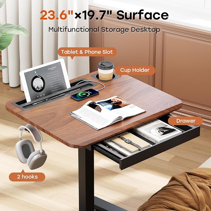 Small Mobile Standing Desk with Drawer, 23.6" x 19.7" Top | Height Adjustable Portable Laptop Desk with Wheels & Cup Holder, Sit Stand Computer Workstation for Compact Space, Dark Wood
