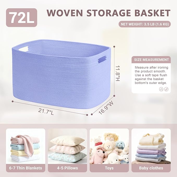 72L Large Woven Laundry Basket Hamper with Handles, Blue Purple | 22"x17"x12", collapsible wicker hamper, storage for dirty clothes, toys, blankets, gifts, living room, bedroom, bathroom