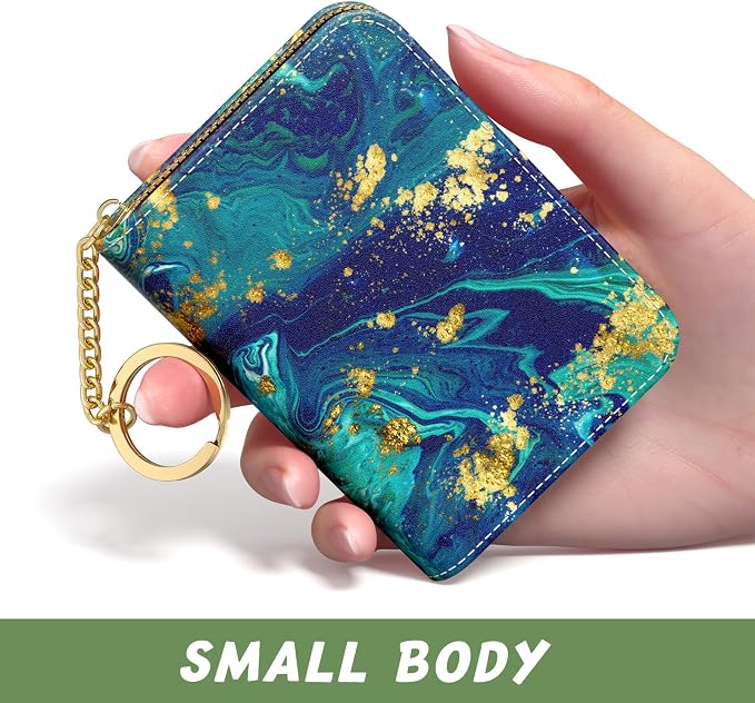 Aiawoxc Credit Card Holder for Women, Small RFID Wallet Slim Leather Card Organizer Case with Zipper and Keychain, Ocean Marble