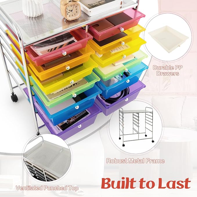 Moccha 12-Drawer Rolling Storage Cart - Utility Cart on Wheels with Lockable Casters for Craft Art Supply Paper Salon, Mobile Drawer Carts for Classroom Teacher School Office (Rainbow)