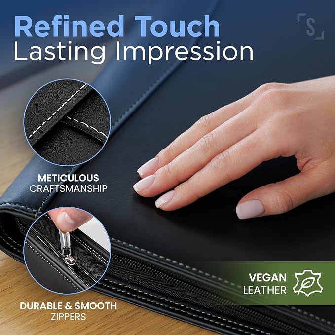 STYLIO Zipper Portfolio Binder | Padfolio 3 Ring Binder (1") and Clipboard Folio (Removable)| Portfolio Organizer for Documents, iPad, Tablet, Phone |Faux Leather Notebook Folio for Men & Women