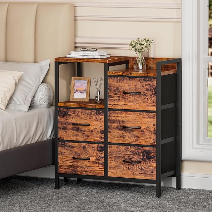 Furnulem Rustic Brown Dressers for Bedroom, 5 Drawer Dresser for Closet | Small Fabric Dresser with 2 Tier Shelf, Drawer Units with Sturdy Metal Frame, Storage Cabinet Organizer for Hallway, Wood Top