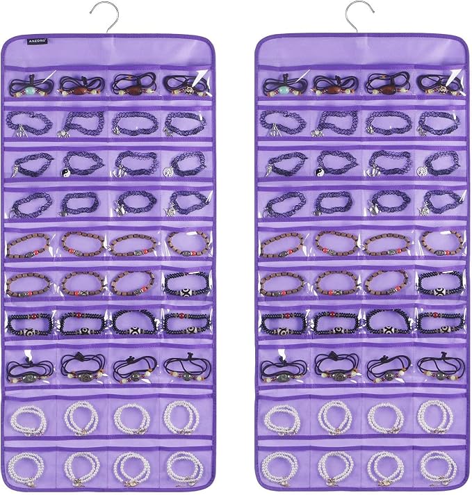 80 Pockets Hanging Jewelry Organizer for Holding Jewelries Dual-Sided Accessory Display Holder for Earrings Bracelets Rings (80 Pockets-Purple)