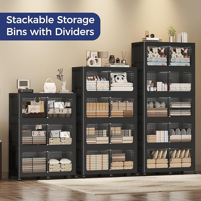 120GAL Storage Bins with Lid and Wheels, Stackable Closet Organizers and Storage Drawer, Collapsible Storage Box with Dividers, Foldable Plastic Cabinets for Room, Kitchen, 3 Pack Black