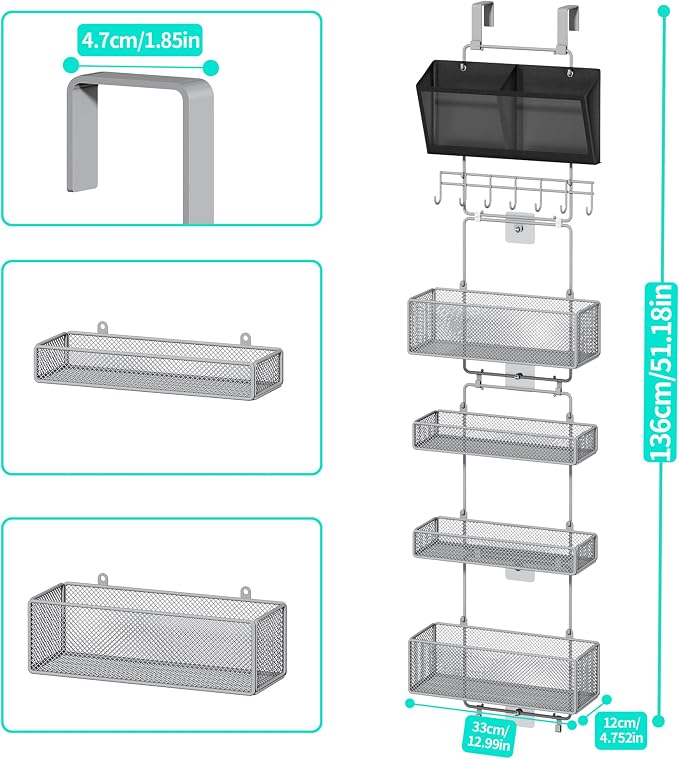 HapiRm Over Door Organizer Hanging - 6 Tier Over The Door Storage with Visual Pockets & Hooks, with 4 Metal Large Capacity Baskets for Bathroom Bedroom Kitchen Pantry Cabinet(Grey)