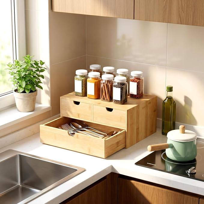 Bamboo Desk Organizer with Drawers, Desktop Storage for Office Supplies | 3 Drawers Desktop organizer, No Assembly Required, Natural Wood Wooden Desktop Drawers Box for Bills, Cosmetics, Seals, Paper