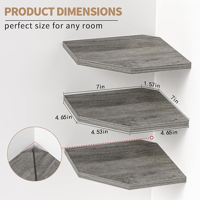 Fun Memories Corner Shelf Wall Mount, Floating Corner Shelves, Set of 6 Corner Wall Shelf Organizer, Rustic Wood Wall Storage Display Shelves for Living Room Bedroom Bathroom Kitchen, Rustic Grey