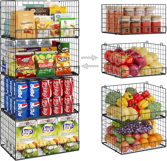 4 Pack Stackable Wire Baskets for Pantry Organizers and Storage, Large Pantry Basket for Snack Organizer, Foldable Fruit and Vegetable Storage Bin Store Can Onion Potato for Kitchen Cabinet/Countertop
