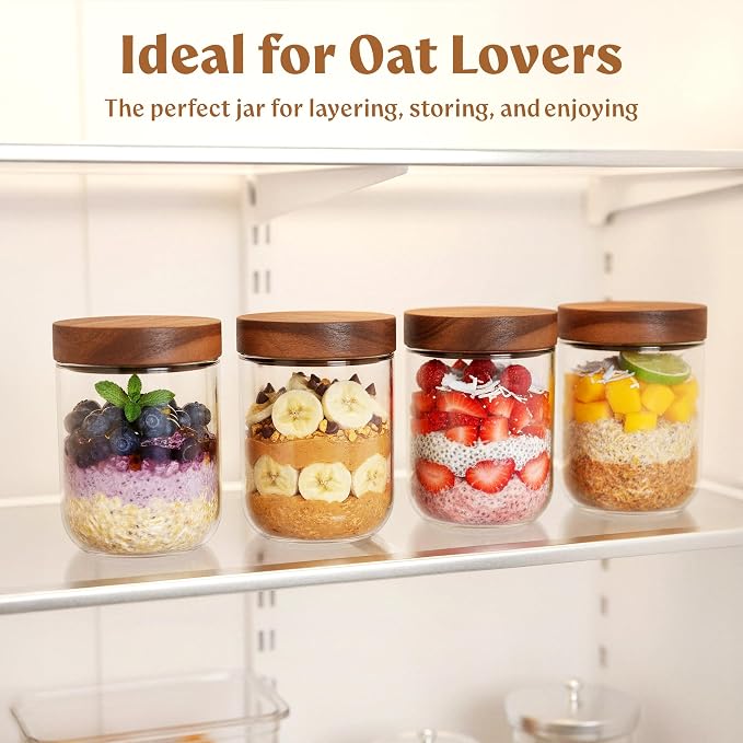 EDELHAUS Overnight Oats Containers with Lids Acacia (4 x 16oz) Glass Jars for Oatmeal, Meal Prep, Food Storage | Leak-Proof Mason Jars for Oats, Cereal, Yogurt, Chia Pudding [Thicker Glass 3mm]