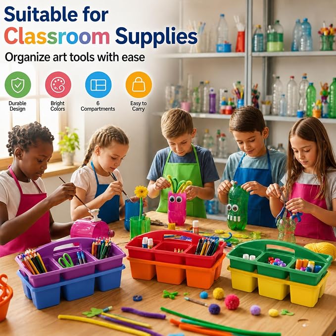 gisgfim 6 Pack Plastic Classroom Caddy with 6-Compartments Plastic Storage Caddies with Handle 6 Compartments Table Caddy Organizer Versatile Table Caddies for Classroom Office Storage, Rainbow Color