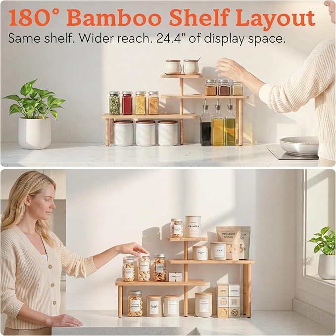HOMESTEAD 3-Tier Bamboo Corner Shelf Organizer, 90° or 180° Layout Countertop Organizer for Kitchen, Bathroom, Coffee Bar, Spice Rack, Space Saving Storage Shelves, Adjustable Leveling Feet