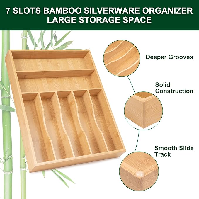 Utensil Organizer 13'' Silverware Drawer Organizer Cutlery Kitchen Bamboo | Natural Bamboo, 7 Compartment, Durable, Small Narrow Organizer, Silverware Tray, Utensil Holder, Silverware Drawer Organizer