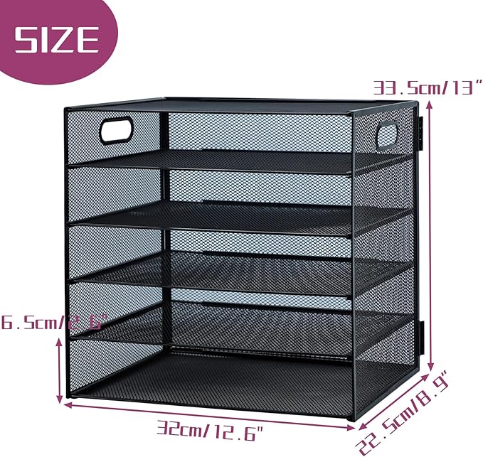 5 Tier Lettrer Tray Organizer, Metal Mesh Desk File Organizer with Sliding Trays, Paper Sorter Desk Organizer for Home Office School, Black
