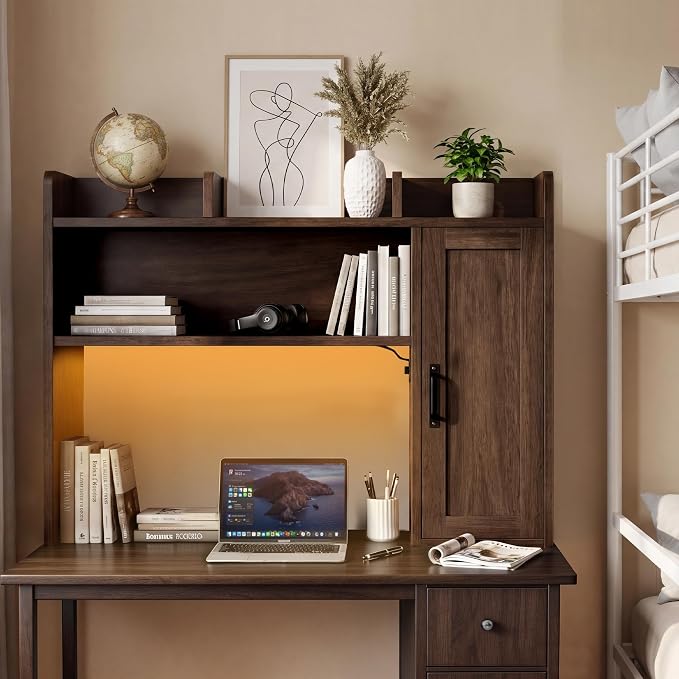 Desktop Bookshelf, Desk Hutch with RGB LED Lights & Power Outlets 37" Desk Hutch Organizer with Storage Cabinet Desktop Storage Shelf for 27" Monitor, Tabletop Bookcase for Dorm Office Home