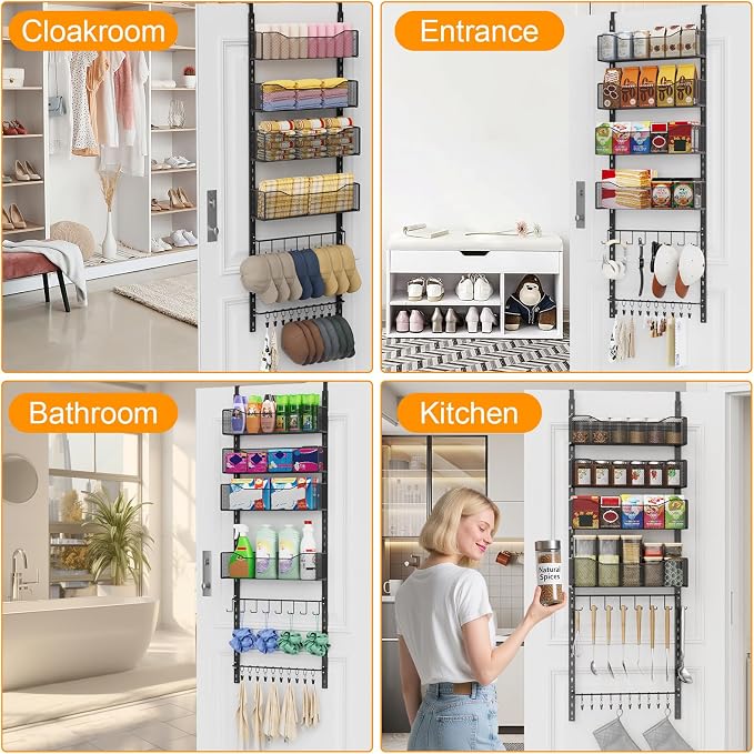 Over the Door Organizer, 2 in 1 Metal Hanging Closet Organizer & Hat Rack with 4 Adjustable Baskets, 8 Hooks, 10 Clips, Behind The Door Storage for Bedroom, Bathroom, Entrance, Closet, Kitchen, Black