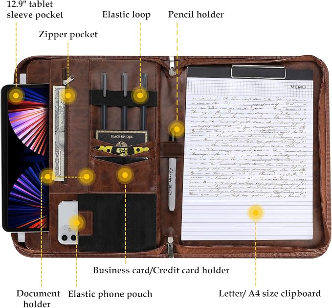 ProCase Portfolio Business Padfolio Folder with Zipper -Brown | Conference Meeting Executive File Legal Document Organizer with Pockets Letter Size A6 Writing Pad Notepad Padfolio